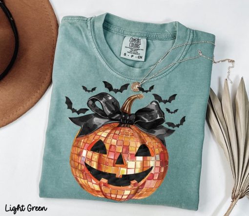 Disco Ball Pumpkin Shirt with Coquette Bow, Women's Halloween Shirt